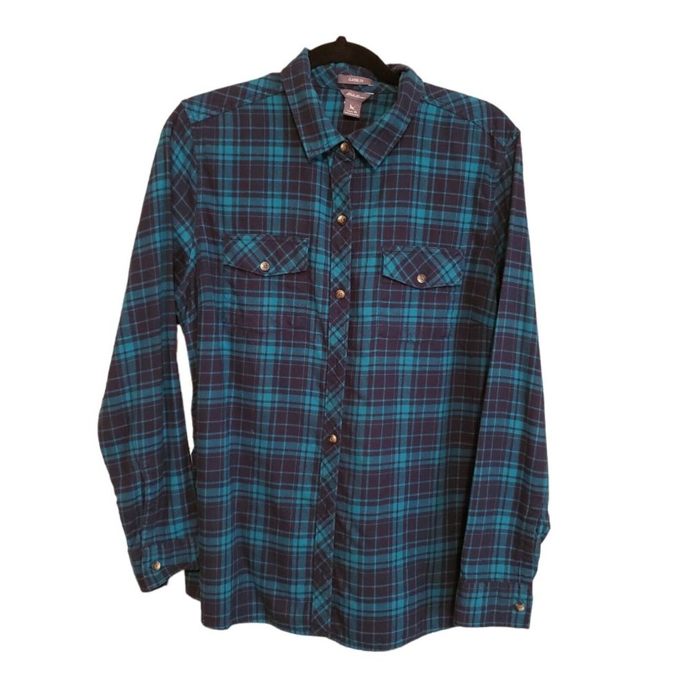 Eddie Bauer Flannel Shirt Classic Fit Button Down Green/ Black Plaid Women's XL